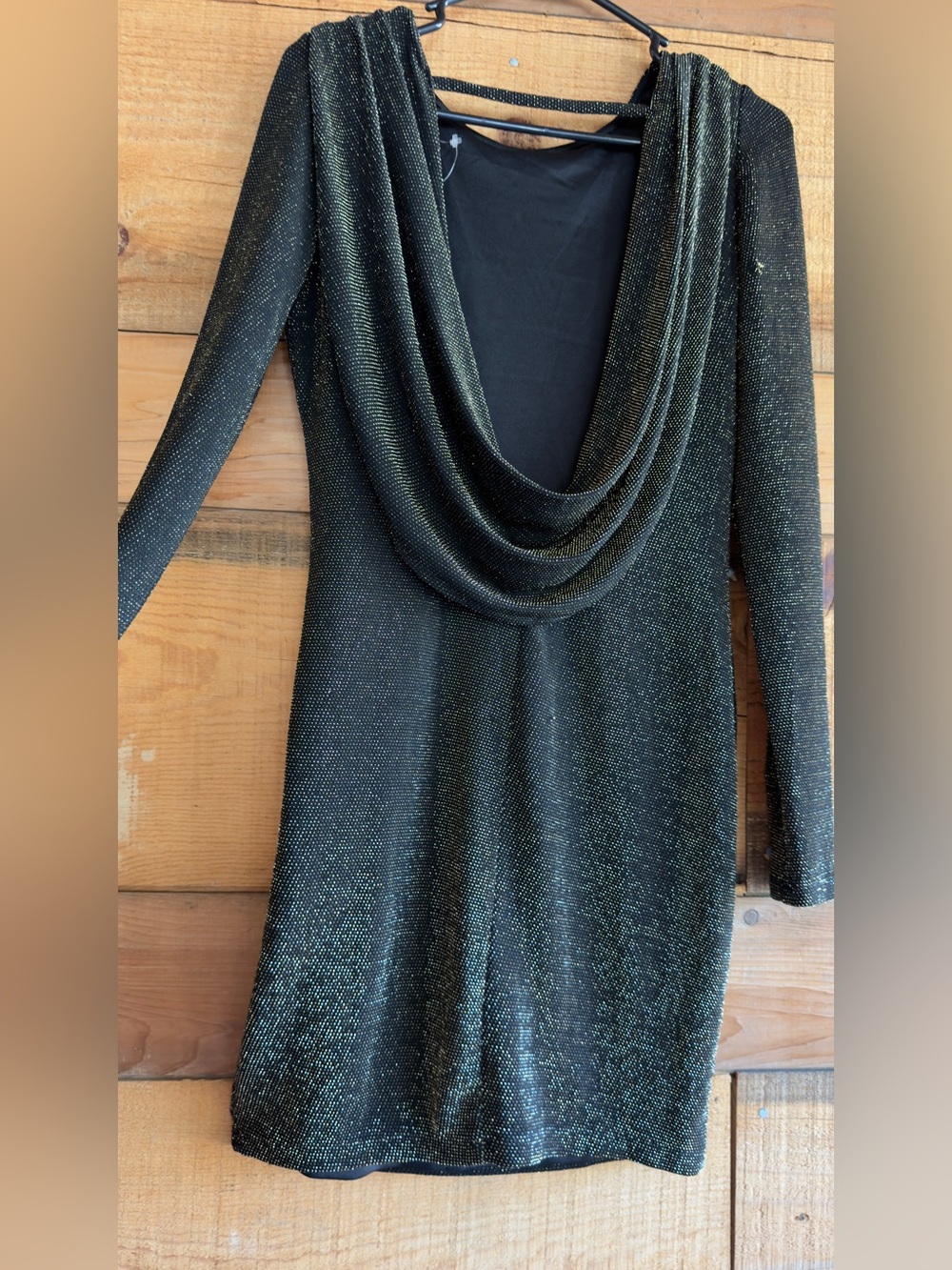 Elegant Black and Gold Draped Cowl back dress, size L